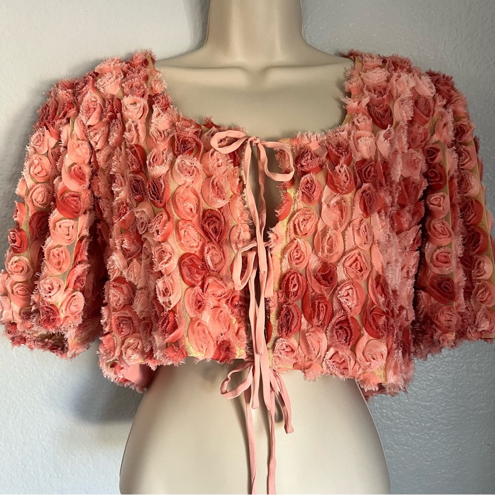 Born Supply 3D Rosette Textured Pink Blouse Cropped Roses Tie Front